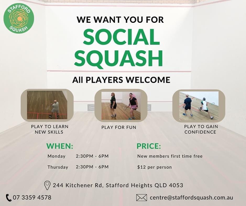 Social Squash Mon and Thu from 2:30-6pm